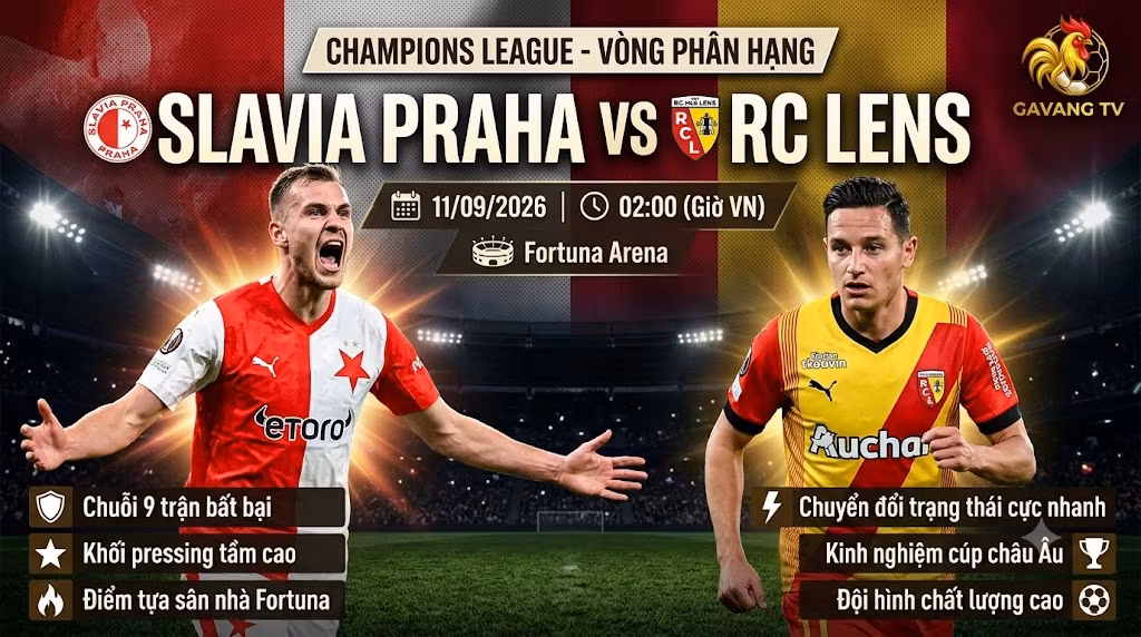Nhận định bóng đá trận Slavia Praha vs RC Lens vòng phân hạng Champions League 2026/27