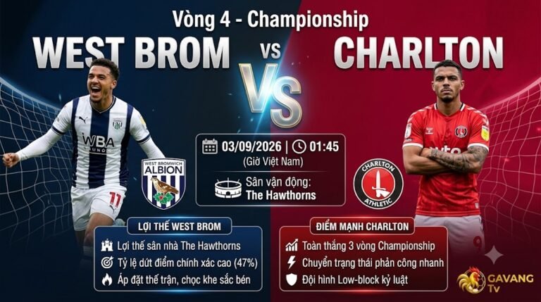 Ảnh bìa nhận định trận đấu West Brom vs Charlton vòng 4 Championship ngày 03/09/2026 chi tiết trên Gavang TV
